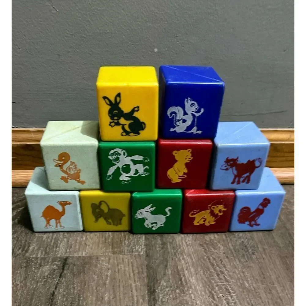 Vintage Plastic Rattle Blocks Multi Colored 2.5” Lot 11 Animals Letters Crafts